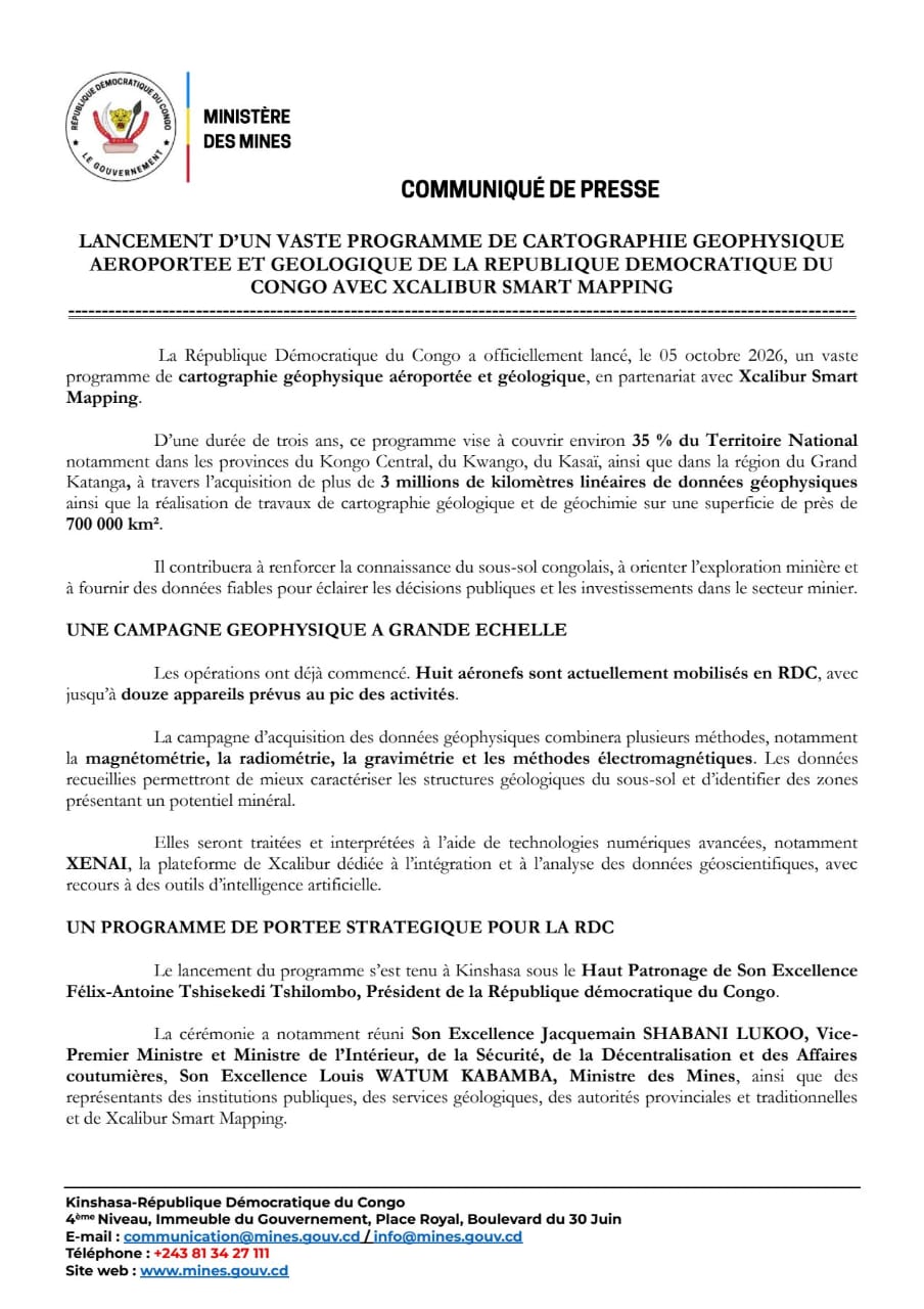 Lancement d’un vaste programme de cartographie Géophysique Aéroportée et Géologique